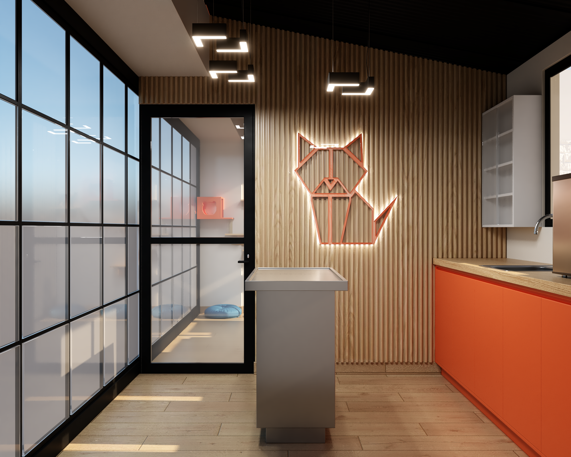 Render del área de gatos del hospital veterinario Kiumo en Culiacán